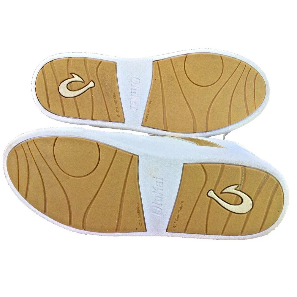 Olukai Ha'upu US 7 Full Grain Leather Sneaker Tennis Shoe Slide White Gold EU 37